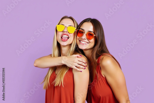 Two young women in rust-red tops against lavender background