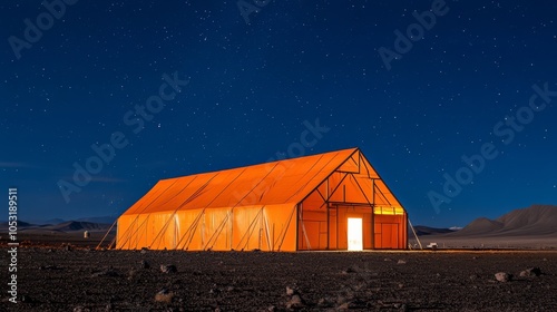 A modern military industrial hangar tent with a striking orange exterior