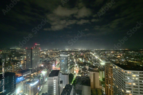 仙台駅東口 上空からのビル群 夜景 AER展望デッキ