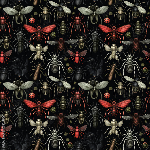 Dark entomology seamless pattern with insects on black. Pattern for wallpaper, background, print on fabric and paper.