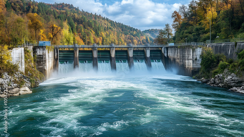  Elektrownia wodna, umiejscowiona przy brzegu rwącej rzeki, wykorzystuje siłę płynącej wody do napędzania turbin, które energicznie wirują.