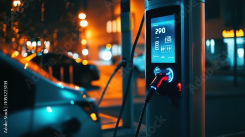 An EV charging station with a digital screen displaying information about charging speed