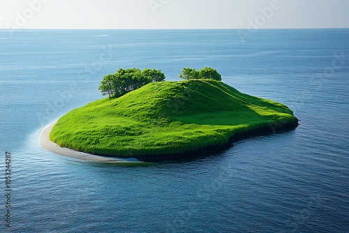 A small green island with trees in the tranquil blue ocean