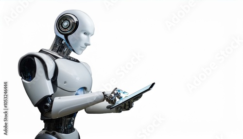 Ai robot using tablet isolate on transparency background PNG