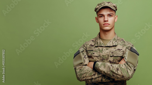 Soldier in camo fatigues with a determined expression on an olive green background.