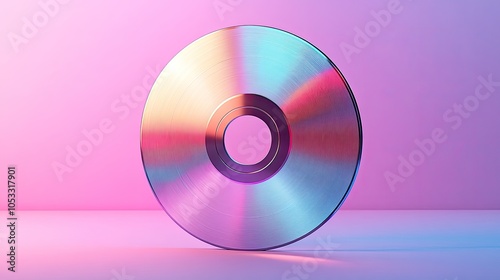 A silver compact disc with rainbow iridescent reflections on a pink and blue gradient background.