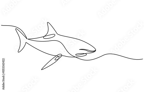 Continuous one line drawing of shark fish. Simple illustration of saltwater fish line art vector illustration, One line drawing of a shark. Graphic vector illustration of shark continuous line drawing