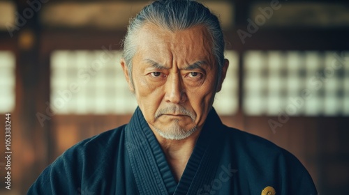 Japanese man with a martial arts uniform, looking disciplined