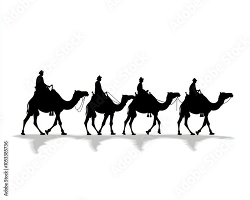 Camel Herder Walking in Row Side View, Silhouette Illustration Generative AI