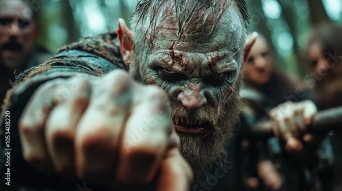 A determined warrior in the woods, facial scars and a clenched fist showcase his readiness for combat, embodying strength and fearlessness in action.