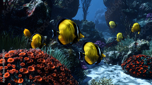 A Dynamic and Colorful Underwater Scene with Butterflyfish (Chaetodon spp.) Interacting with Vibrant Anemones