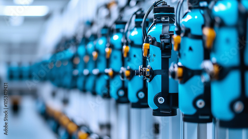 Row of blue and black scuba tanks in a sterile white room.