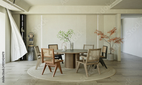 A minimalist dinning room mockup featuring a clean table and chairs