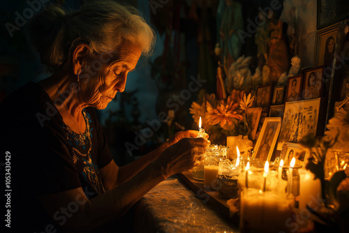 Elderly woman lighting votive candles on a traditional home altar adorned with photographs and flowers to honor the day of the dead