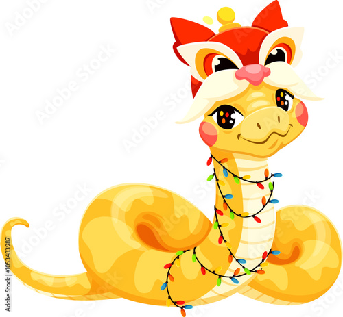 Cartoon 2025 Chinese lunar year snake with yellow scales wears dragon hat. Isolated vector cute and playful reptile snake zodiac animal personage wrapped in lights garland, representing Asian culture