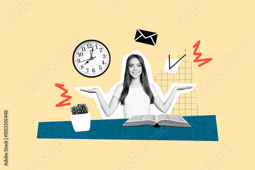 Composite photo collage of happy girl show checkmark flower pot alarm deadline regime book novel reader isolated on painted background