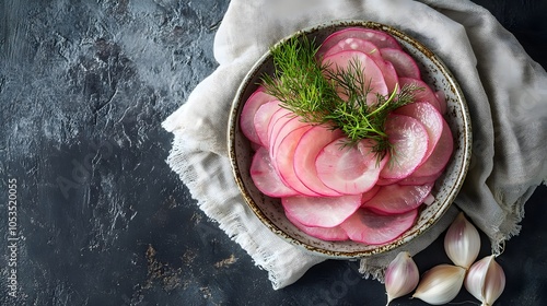 Polish Pickled Turnip Kiszona Rzepa with Dill Garnish and Garlic (Polish Cuisine)