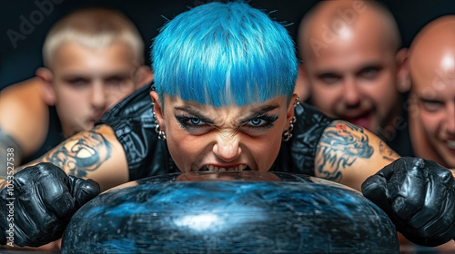 A Determined Athlete With Blue Hair Grips a Heavy Stone Amidst Cheering Teammates at a Strength Competition in an Indoor Gym Setting