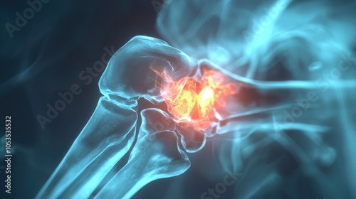 A 3D rendered X-ray image of the MTP1 joint of the hallux, showing the post-operative effects of resection arthroplasty with bone block distraction