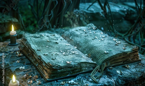 Wizard's ancient book of spells open on a stone altar, magical incantations 4K hyperrealistic photo.