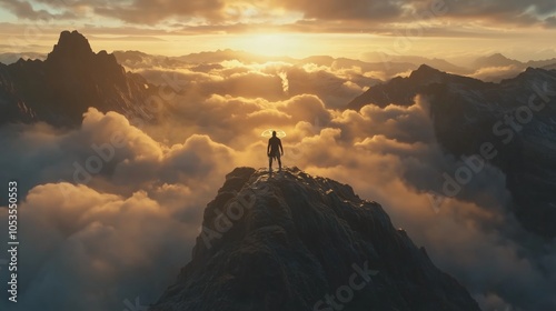 man on mountain peak sunrise and clouds conveying power determination and mystery