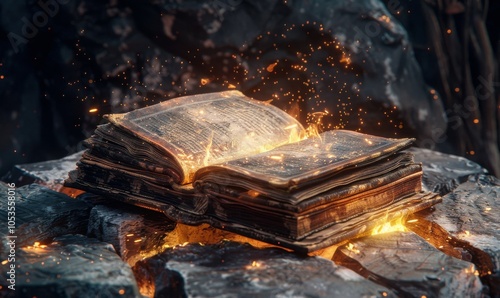 Wizard's ancient book of spells open on a stone altar, magical incantations 4K hyperrealistic photo.