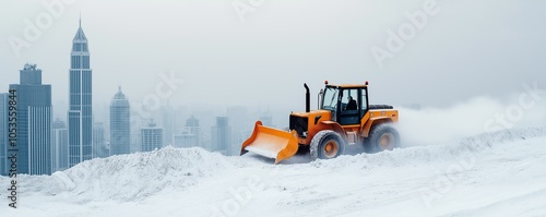 wheeled tractor with mounted bucket. Bulldozer on a construction site. Heavy construction equipment. Industrial machine