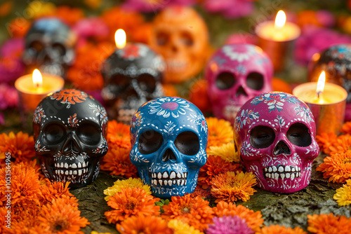 Vibrant Day of the Dead skulls with candles on altar. Generative AI