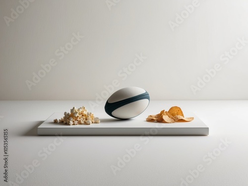 Popcorn and chips with a rugby ball on a light background.