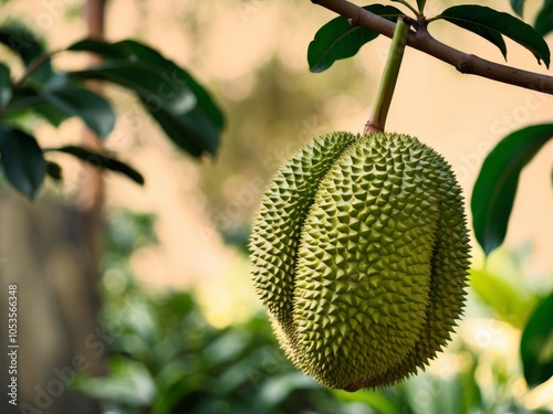 Immerse yourself in the orchard atmosphere with a prompt highlighting the allure of fresh durian on the durian tree in the garden.