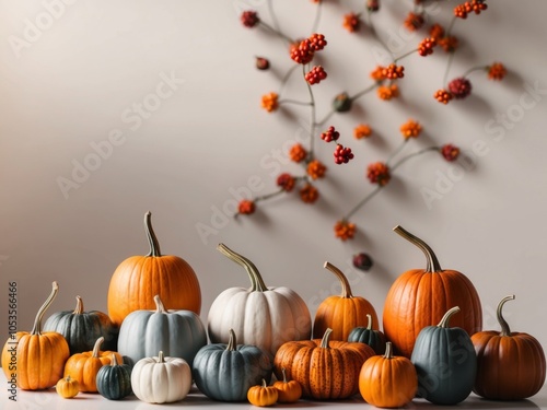 Various pumpkins and out of focus berries in front.