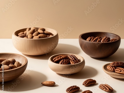 Various nuts in wooden bowls on a beige background.