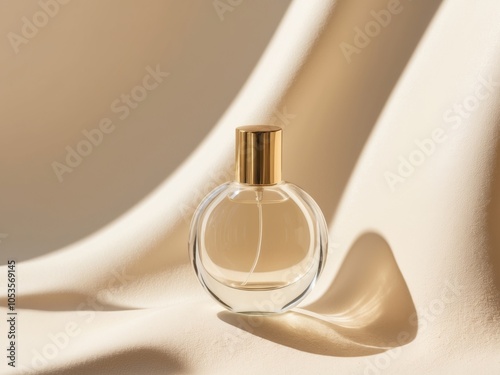 Clear glass perfume bottle with gold lid on sandy background mockup cosmetic concept.