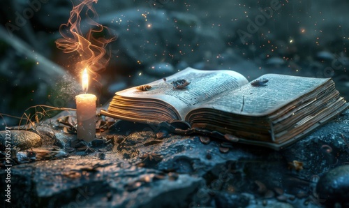 Wizard's ancient book of spells open on a stone altar, magical incantations 4K hyperrealistic photo.