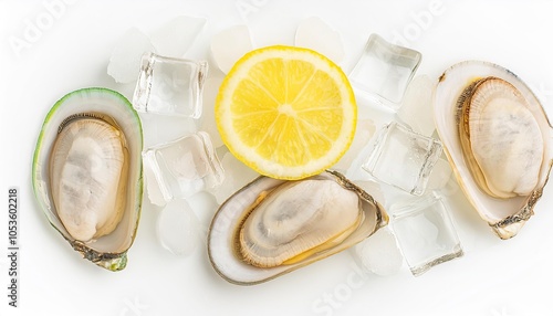 Fresh mollusks with lemon slice and ice cubes on white background