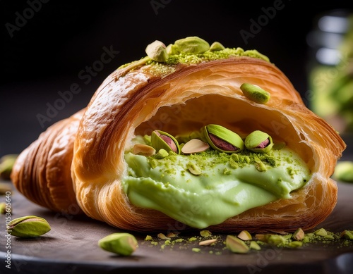 un croissant relleno de crema de pistacho, con virutas de pistacho encima, partido por la mitad