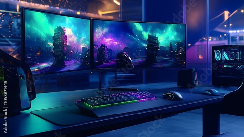 An advanced e-sports setup with a multi-monitor display, customizable RGB lighting casting a colorful glow, and state-of-the-art gaming peripherals