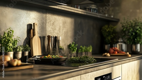 A stylish kitchen equipped with smart cooking devices, where a home cook is sautÃ©ing gourmet ingredients, with herbs and seasonings arranged in a neat display