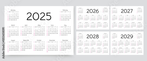 2025, 2026, 2027, 2028, 2029 calendars. Calender templates. Week starts Sunday. Desk planer grid for year. Planner layout with 12 months. Yearly diary in English. Vector illustration. Paper size A4