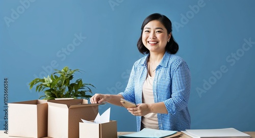 Asian event coordinator preparing for event cheerful smile casual clothes plain blue background chubby build early twenties female