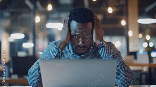 Computer Issues. Young African-American Man Stressed and Unhappy at Office Desk with Laptop