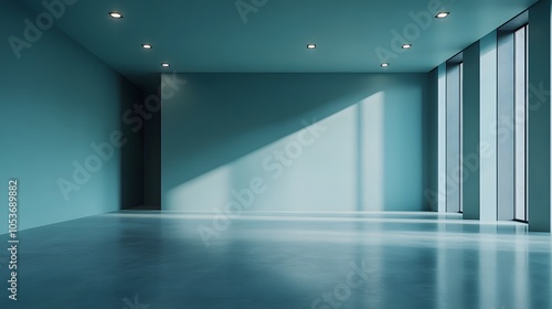 Empty modern room featuring light blue walls, polished concrete floor, recessed ceiling lights, minimalist interior design, clean architectural space, soft lighting.