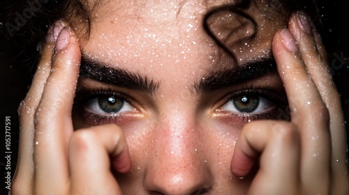  A tight shot of a woman's face, hands pressing gently against it, as snowflakes accumulate and fall upon her features