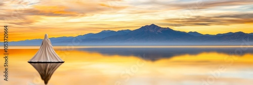  A boat floats on a body of water, its surface undisturbed Above, the sky is filled with clouds; mountains loom in the distance as a backdrop