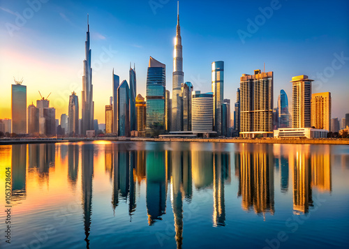 A city skyline with a large building in the middle