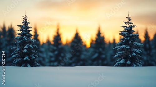 Snow-covered pine trees under a twilight sky, with the first stars appearing, capturing the calm and beauty of Winter Solstice 