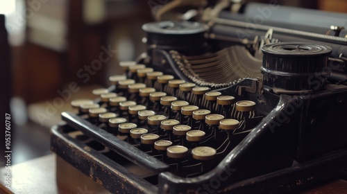 Close-up of an antique typewriter with the keys in focus, highlighting the craftsmanship and history of vintage writing tools.