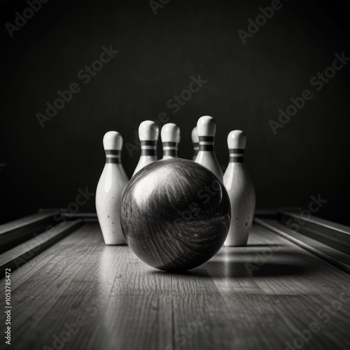 Monochrome Strike: Bowling ball rolling on pins. 