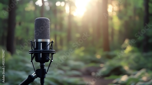 Microphone in a serene forest setting, capturing nature's ambient sounds with sunlight streaming through the trees.