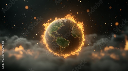 Earth surrounded by swirling firestorms, intense orange flames engulfing forests, showing intense heat and climate impact, photorealistic